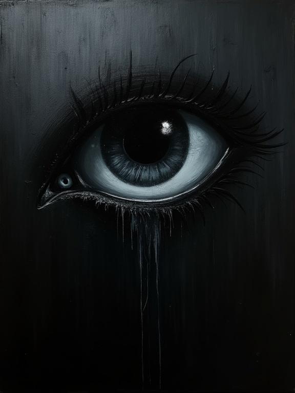 An extremely rough oil painting on a black background. A giant silhouette eye emerges from the top right corner diagonally. The eye is filled with cosmic void and eldritch darkness.