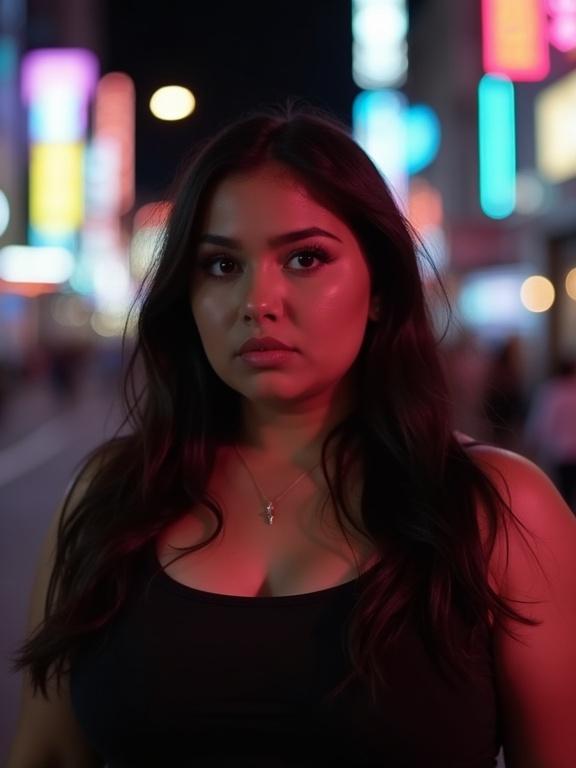 Close up portrait of a young woman in a black tank top with straight shoulder-length hair. Features beautiful eyes and tanned skin. Background includes blurry neon city lights at night, creating an urban atmosphere.