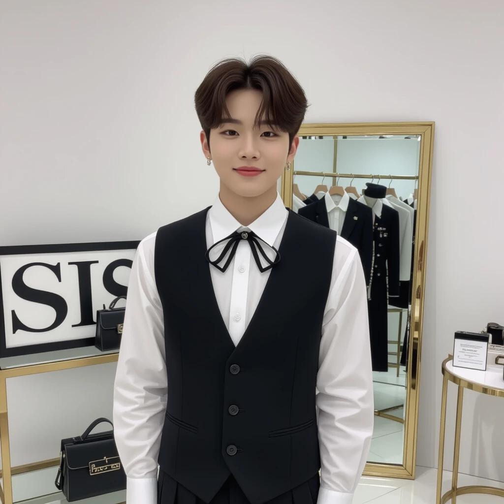 Individual wearing a black vest and white shirt in a fashion showroom. Elegant ambiance with mirrors and displays.