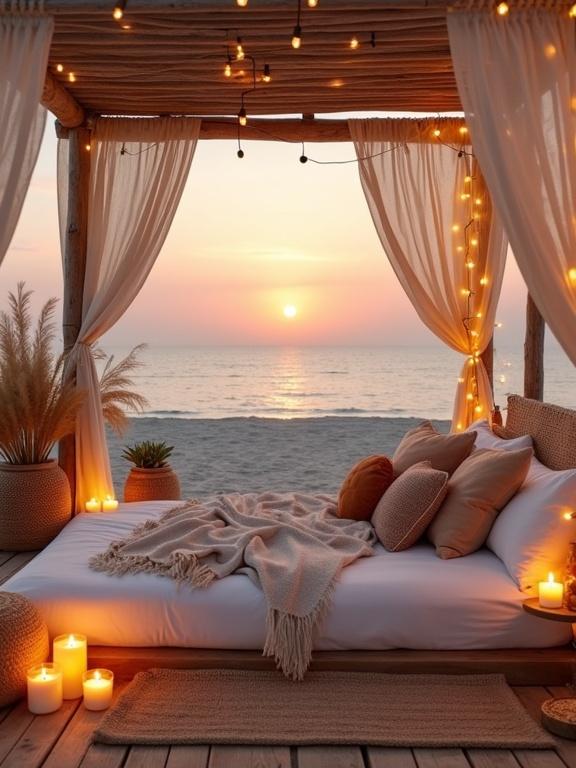 A cozy and romantic boho-style beachside lounge bed setup is showcased at sunset. The elevated daybed is adorned with soft blankets and pillows. White flowing curtains add softness. Candles and warm fairy lights create ambient lighting. The view of the ocean at sunset enhances the tranquil atmosphere.