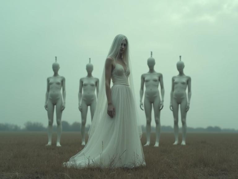 Create an eerie scene in a wide open field under a muted sky. A woman in a flowing white gown stands among lifeless mannequins. The woman has a gauzy veil and vulnerable pose. Mannequins are featureless and cold. The atmosphere is haunting with sparse grass and bare trees. The lighting is soft and shadows are minimal.