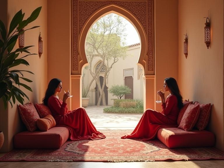 Tranquil Moroccan interior with two women lounging. They wear flowing traditional garments in red shades. Soft afternoon light bathes the space. Intricate lantern shadows play on walls. One woman sips tea. The other gazes towards the courtyard outside.