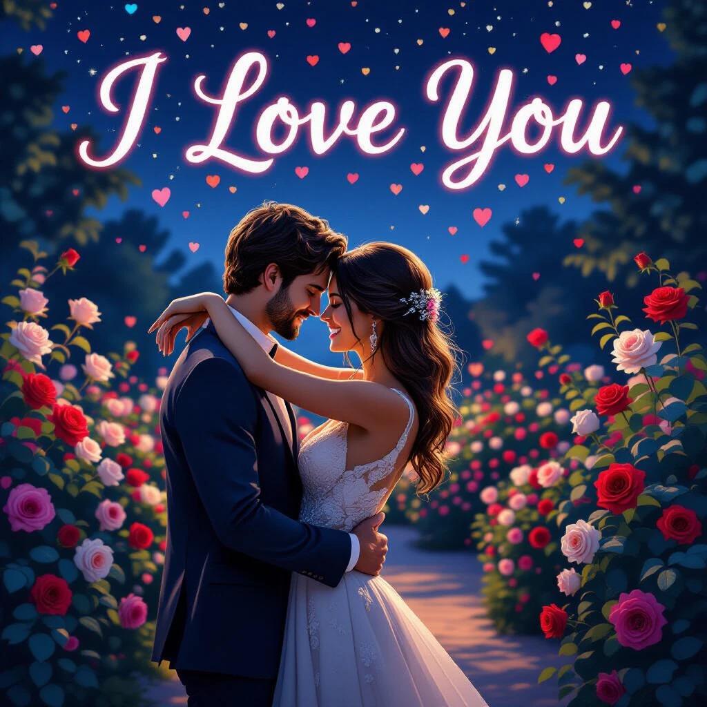 A beautiful couple embracing in a night garden filled with roses. Background features little hearts in various colors. Stylish text reads 'I Love You'. Image has intense colors and a high resolution.