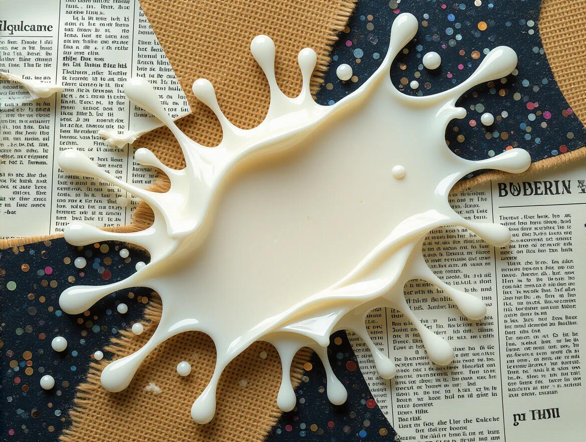 An artistic composition features a splashed milk centerpiece. The milk splash creates a textured and lively centerpiece. Surrounded by layered newspaper and jute fibers as a backdrop. Elements include wood, sand, glittering confetti, and origami crinkles. Scratches, drops, and tears add depth and character. Close-up view reveals intricate details. Displays influences of surrealism and Klimt's style.