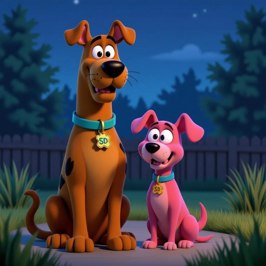 3D render of Scooby-Doo and Courage the Cowardly Dog together in a backyard at night. Scooby-Doo is a tall brown Great Dane with black spots and a teal collar. He looks nervous with his paw on Courage. Courage is a small pink dog with large eyes and a confused expression. Background shows tall grass, wooden fence, doghouse, and porch light with soft fog.