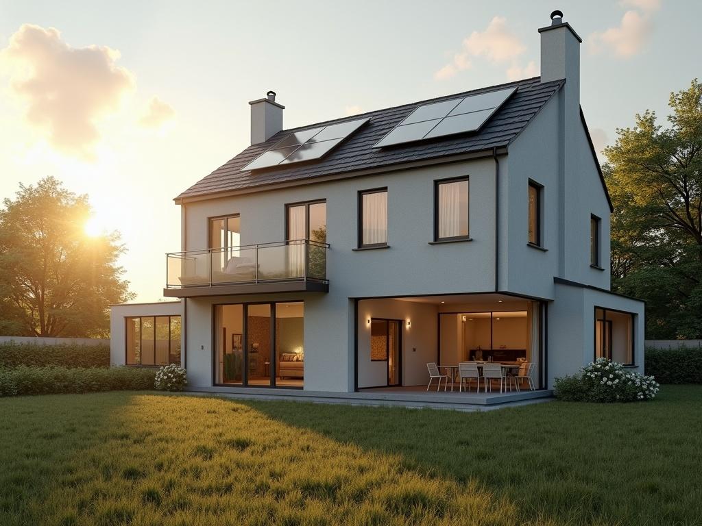 A two-story big house with solar panels. The house is situated in a summer landscape in Ireland. Bright sunlight shines on the house.