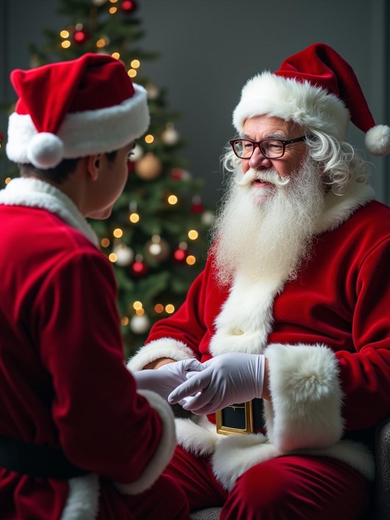 Santa Claus consulting a patient in a warm, cozy setting. Focus on a caring interaction. Christmas tree decorated in the background.