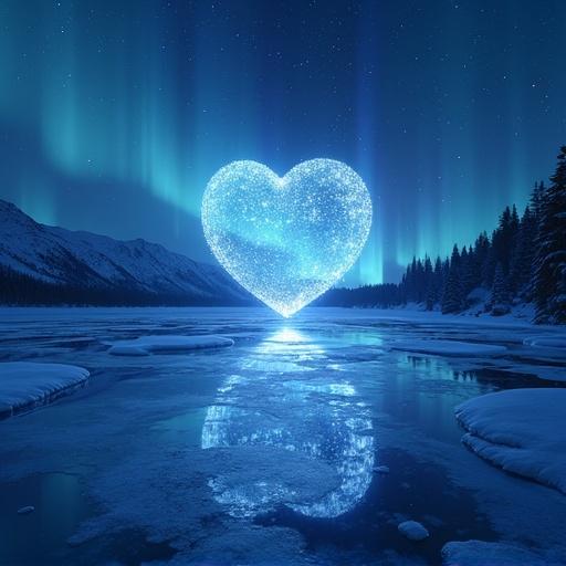 Night sky with shooting stars and a heart-shaped glowing ice lake. Blue colors dominate the scene with auroras. Luminous particles float around creating a dreamlike atmosphere. Modern surreal art style with HD rendering.