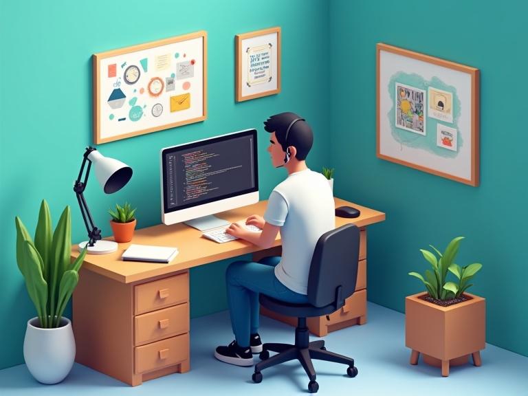 An isometric 3D scene features a teal wall with a young man at a desk working on a computer with code displayed. Desk remains tidy, includes motivational posters, a lamp, speaker and plants. The young man wears headphones while focused on work.