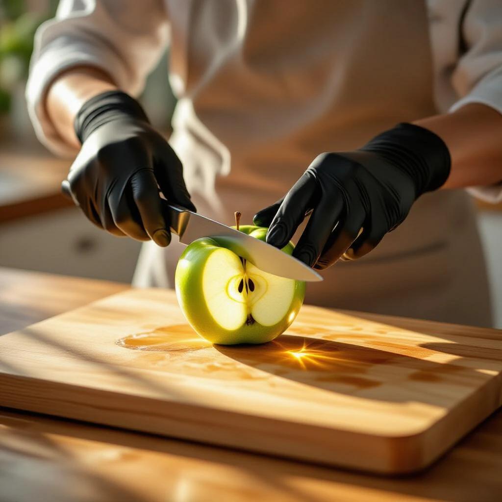 A serene kitchen setting features a wooden cutting board. A person in black gloves slices a radiant glass apple. Warm light highlights the apple's facets as the blade bisects the fruit into mirrored halves. The moment is captured with a stationary gaze.