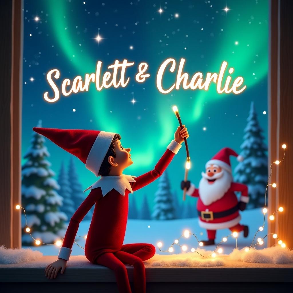 The image features an elf on the shelf, positioned with its back to the viewer, gazing up at the starry sky. It holds a wand that glows with magic, used to elegantly write the names 'Scarlett & Charlie' in a festive script. The backdrop showcases a magical Christmas scene, complete with majestic northern lights illuminating the night sky. In the distance, Santa waves cheerfully, adding to the enchanting atmosphere. The overall mood is joyful and whimsical, perfect for the holiday season.