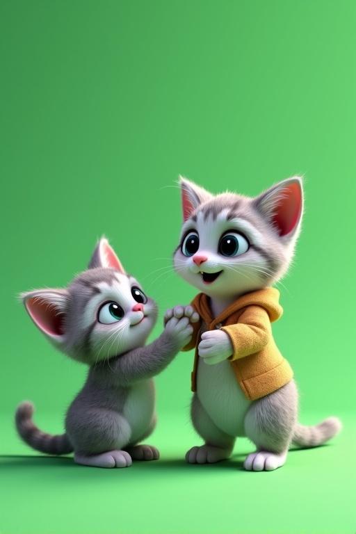 A 3D animated kitten character on a green screen background. The kitten is the child of the cat father character with gray and white fur. It has big eyes and a playful expression. The kitten wears a tiny hoodie. It interacts with the cat father, looking up.