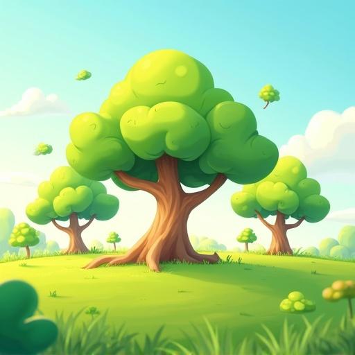 Cartoon-style trees in a bright green field. Each tree has a playful shape with thick, rounded canopies and whimsical trunks. Bright colors evoke an animated feel. Light breeze and sunny background with clear sky. No people or structures. Soft shadows and clean composition.