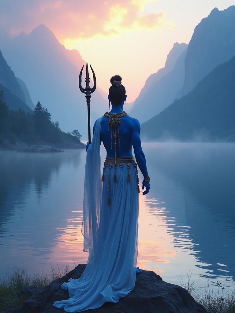 Digital illustration of a serene figure with blue skin. Figure adorned with traditional ornaments. Stands by a tranquil lake surrounded by mountains. Carries a trident symbolizing power and divinity. Soft lighting enhances calm and majestic atmosphere.