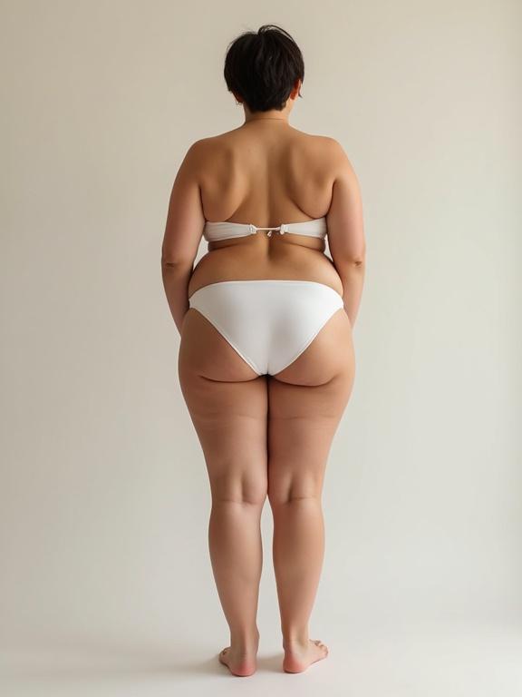 Woman standing wearing white underwear. Full body view showing back. Short hair. Plump figure with wide hips. Simple background.