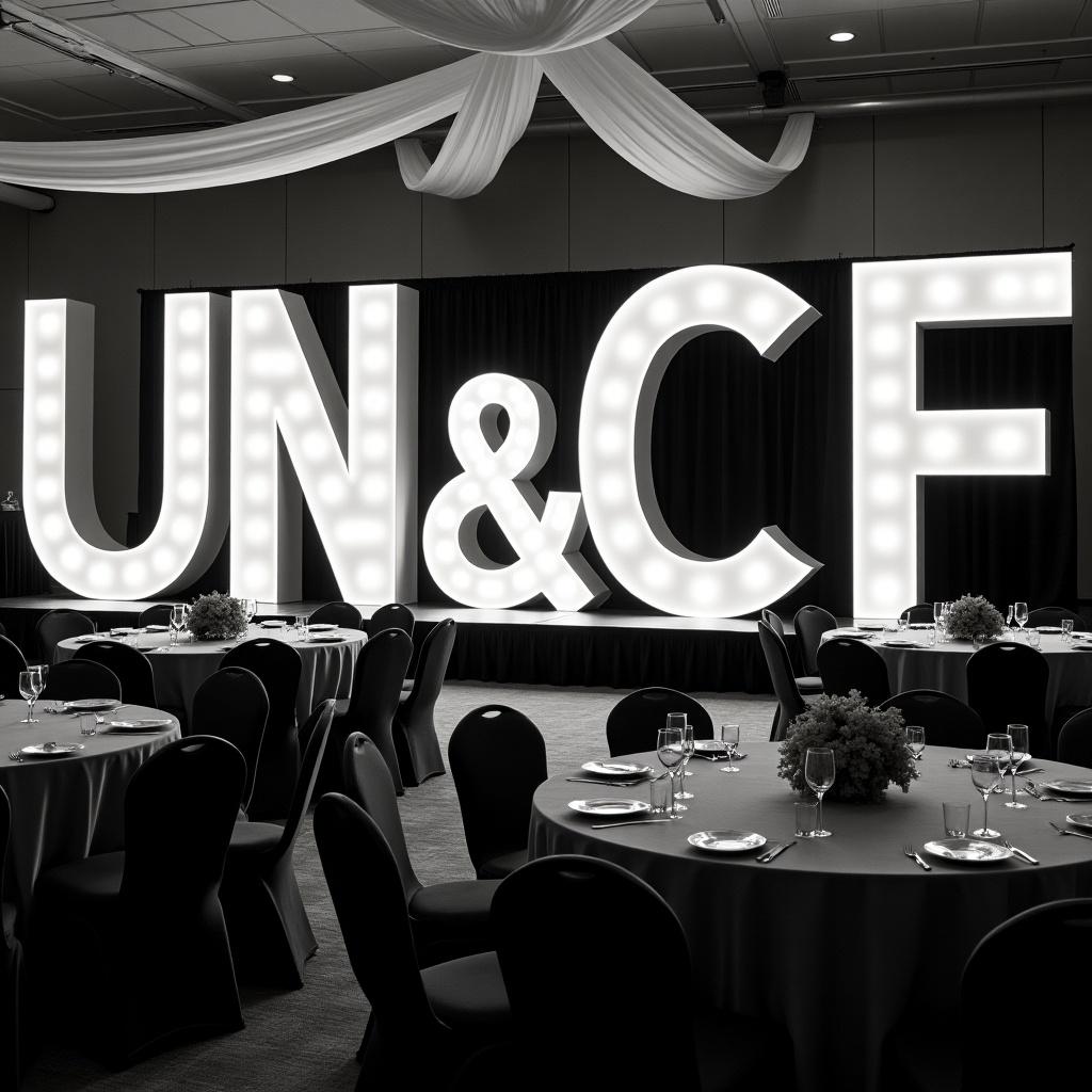 The image depicts a sophisticated banquet room decorated in black and white. Central to the room are round tables draped with charcoal grey linens, each set elegantly with cutlery and glassware. In the background, large light-up letters spelling 'UN&CF' stand proudly, illuminated for dramatic effect. The overall setting suggests a formal event, with draped fabric overhead adding to the ambiance. The setting is designed for guests to enjoy a refined gathering in an elegant atmosphere.