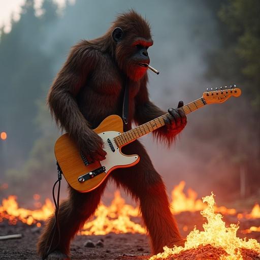 Photo of a Sasquatch playing a telecaster while walking on hot coals. A cigarette hangs from the lip. Smoky atmosphere surrounds the scene.