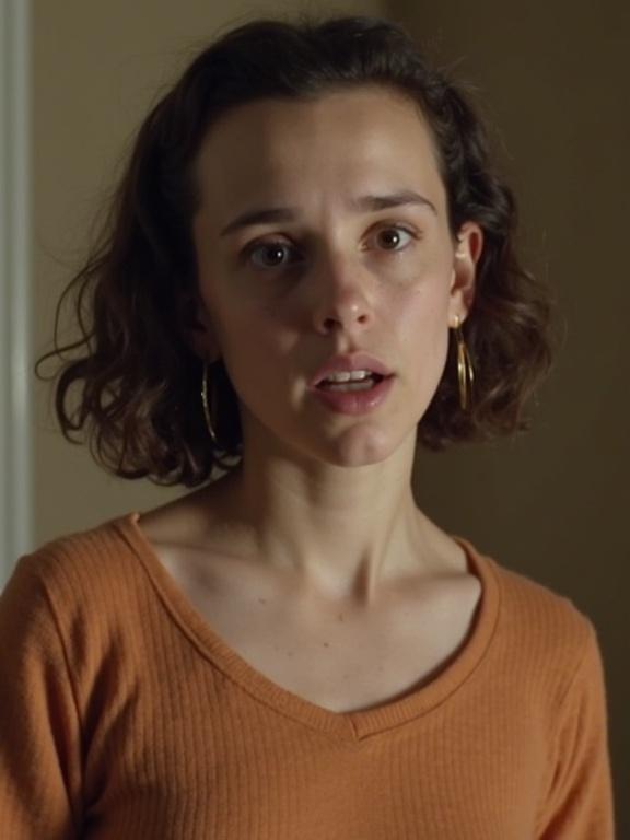 Close-up portrait of a young woman with curly hair. The woman wears an orange shirt and has a concerned expression. The background is neutral and softly lit.