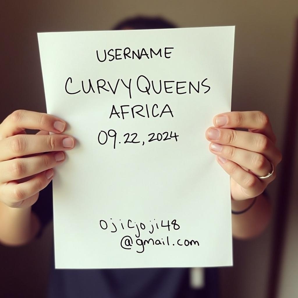 Photo showing a person holding a paper. The paper displays the username CURVYQUEENS AFRICA and the date 09-22-2024. The email ojijokojijo48@gmail.com is handwritten. Hands and arms are fully visible.