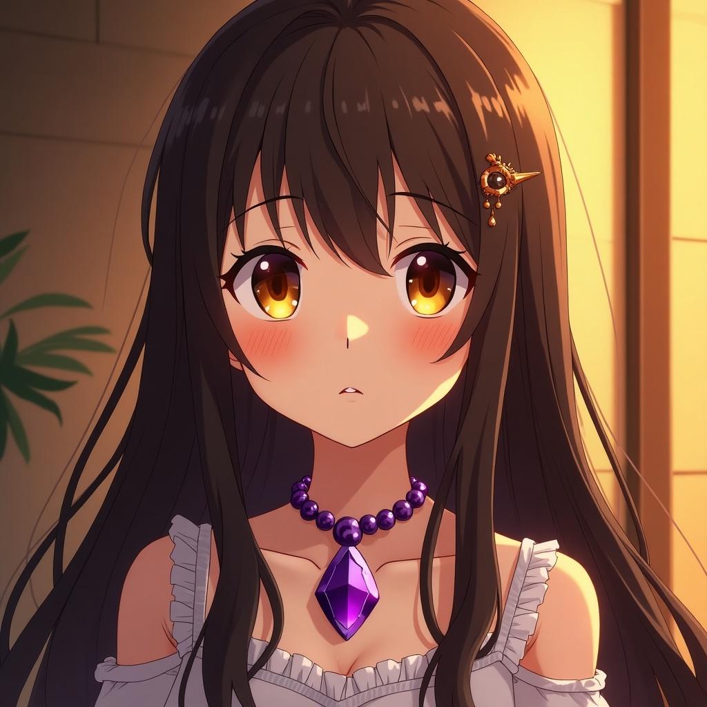 Anime illustration of a girl with long brown hair. She has orange eyes. Wearing a purple gemstone necklace. Soft warm lighting creates a cozy atmosphere. Rich colors enhance the beauty of the character.