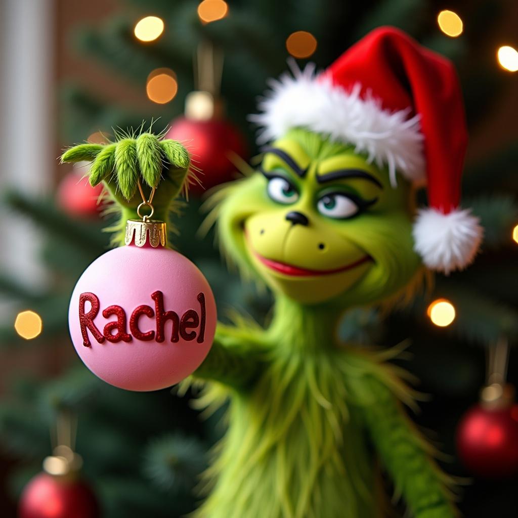 Grinch holds a pink ornament with the name Rachel. Christmas tree in the background. Festive atmosphere. Warm colors and holiday decorations.