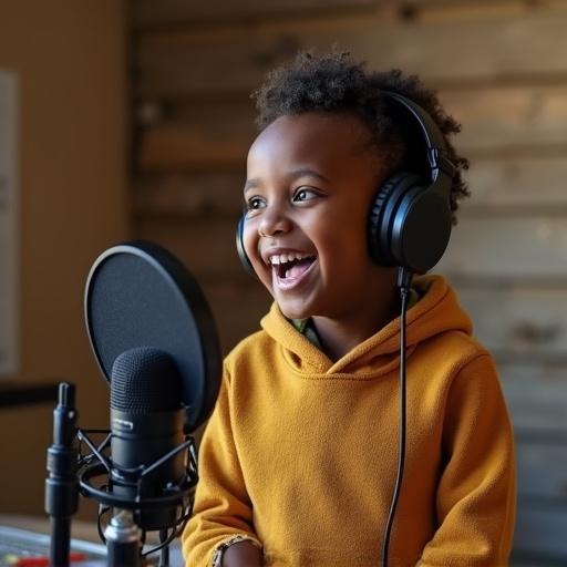 A three-year-old Ethiopian boy joyfully participating in a podcast while wearing headphones. He is seated in front of a microphone, expressing happiness.