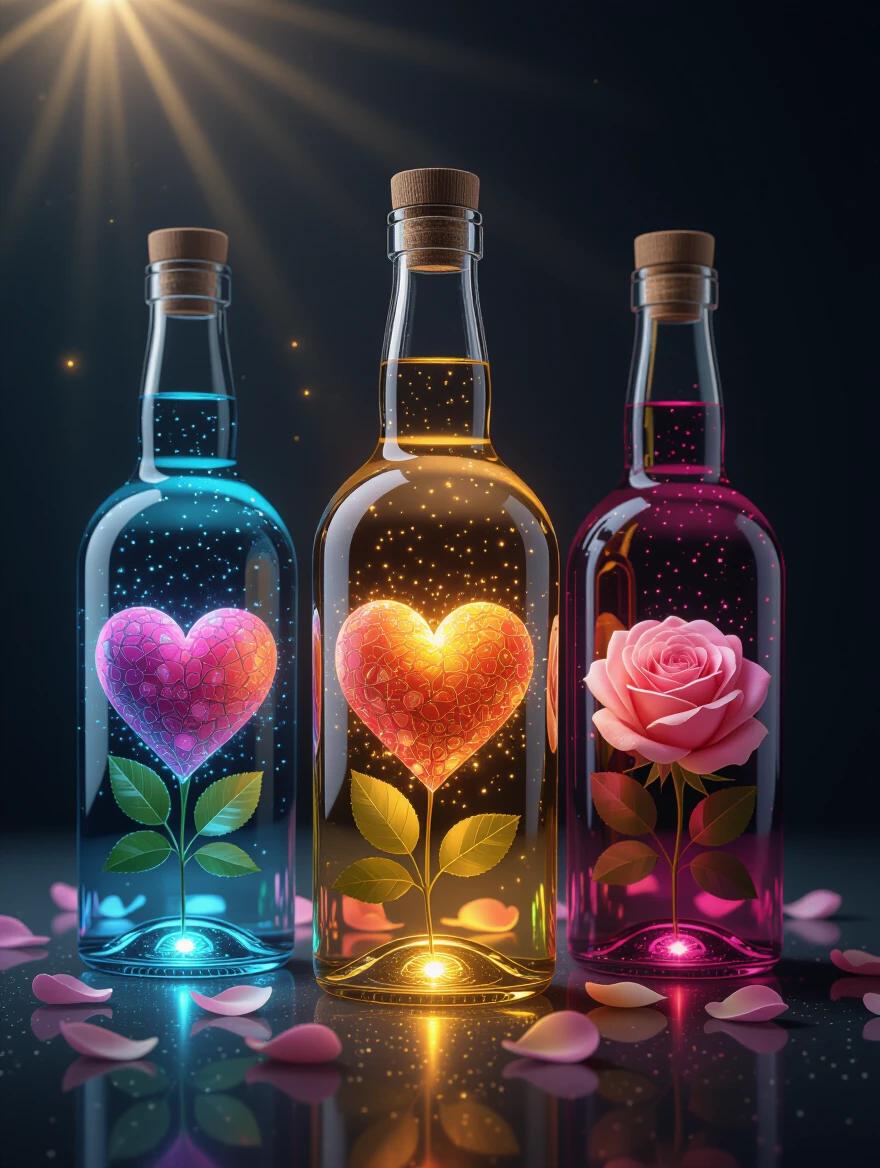 Three glass bottles illuminated against a dark background. Each bottle contains different elements. One bottle has a heart. One bottle has a rose. One bottle features a clover. Bright colors vary among bottles. A halo of light highlights the bottles.