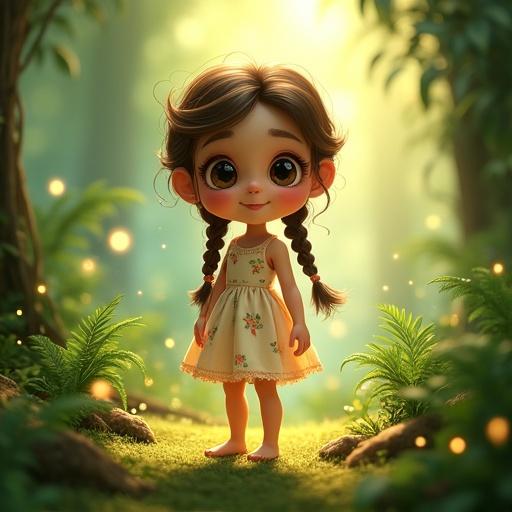 Cute little girl with big eyes and braided hair. Standing barefoot on mossy forest floor. Wears light pastel dress with floral patterns. Surrounded by glowing fireflies and tropical ferns. Whimsical illustration style. Soft golden sunlight filtering through green canopy. Warm hues and dappled light. Gentle mist in the air. Delicate wildflowers at her feet. Gentle smile on her face.