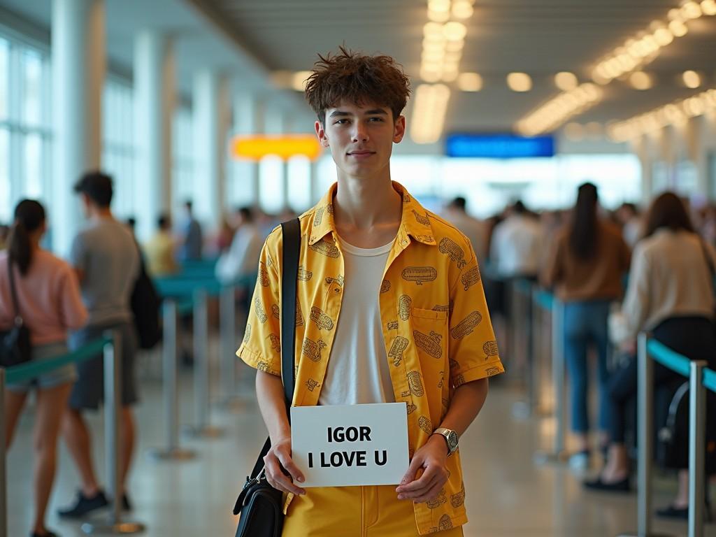 A handsome model boy stands in a bustling airport. He is slim, wearing an open shirt with corncobs printed on it and a miniskirt. In his hands, he holds a sign that reads 'IGOR I LOVE U'. The background is filled with people waiting in line, creating a lively atmosphere. The boy's bright yellow outfit stands out against the airport's interior. He exudes confidence and joy as he awaits someone special.