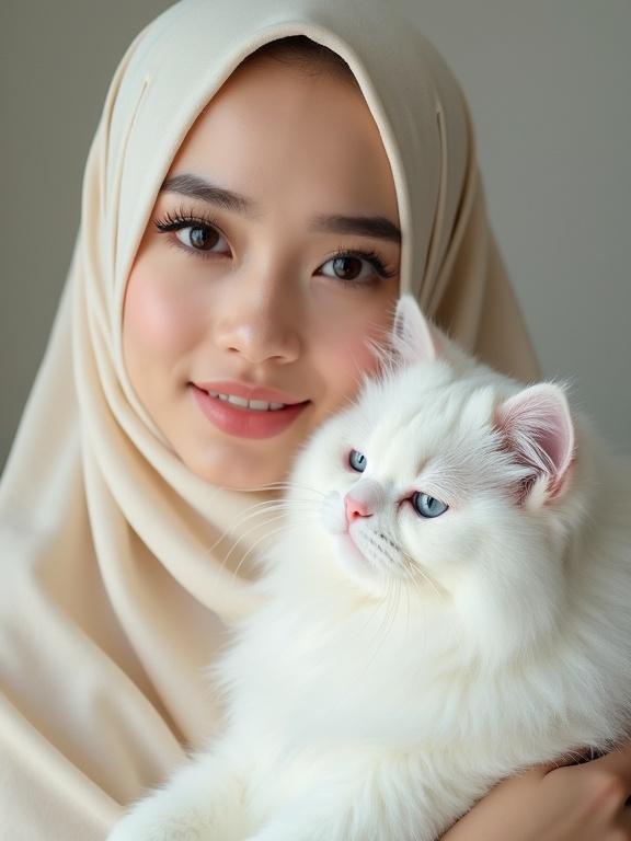 High detail portrait of a young beautiful Indonesian woman wearing an elegant cream hijab. She has natural makeup and is hugging a fluffy white Persian cat. The image captures warmth and affection in a close-up view.