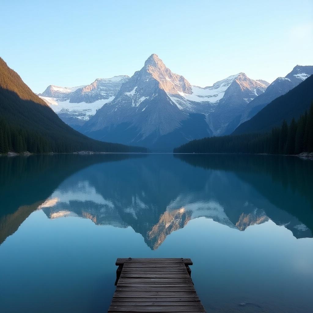 Mountain landscape reflected in calm lake. Wooden dock extends into water. Majestic peaks and clear sky are mirrored in lake. Tranquil scene invites peaceful solitude.