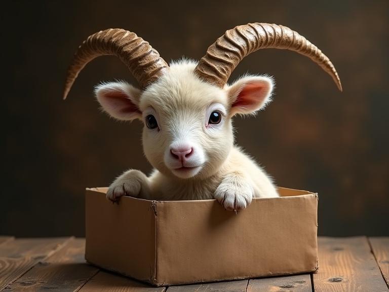 A lamb sitting in a cardboard box. The lamb has large curved horns. It's fluffy with soft ears. The backdrop is warm and neutral. The lamb looks fluffy and adorable. The box is simple and brown.