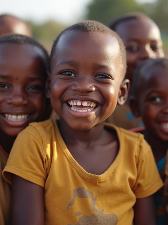 Group of smiling African children with joyful expressions. They show friendship and happiness. Focus on one child with a big smile in close-up.