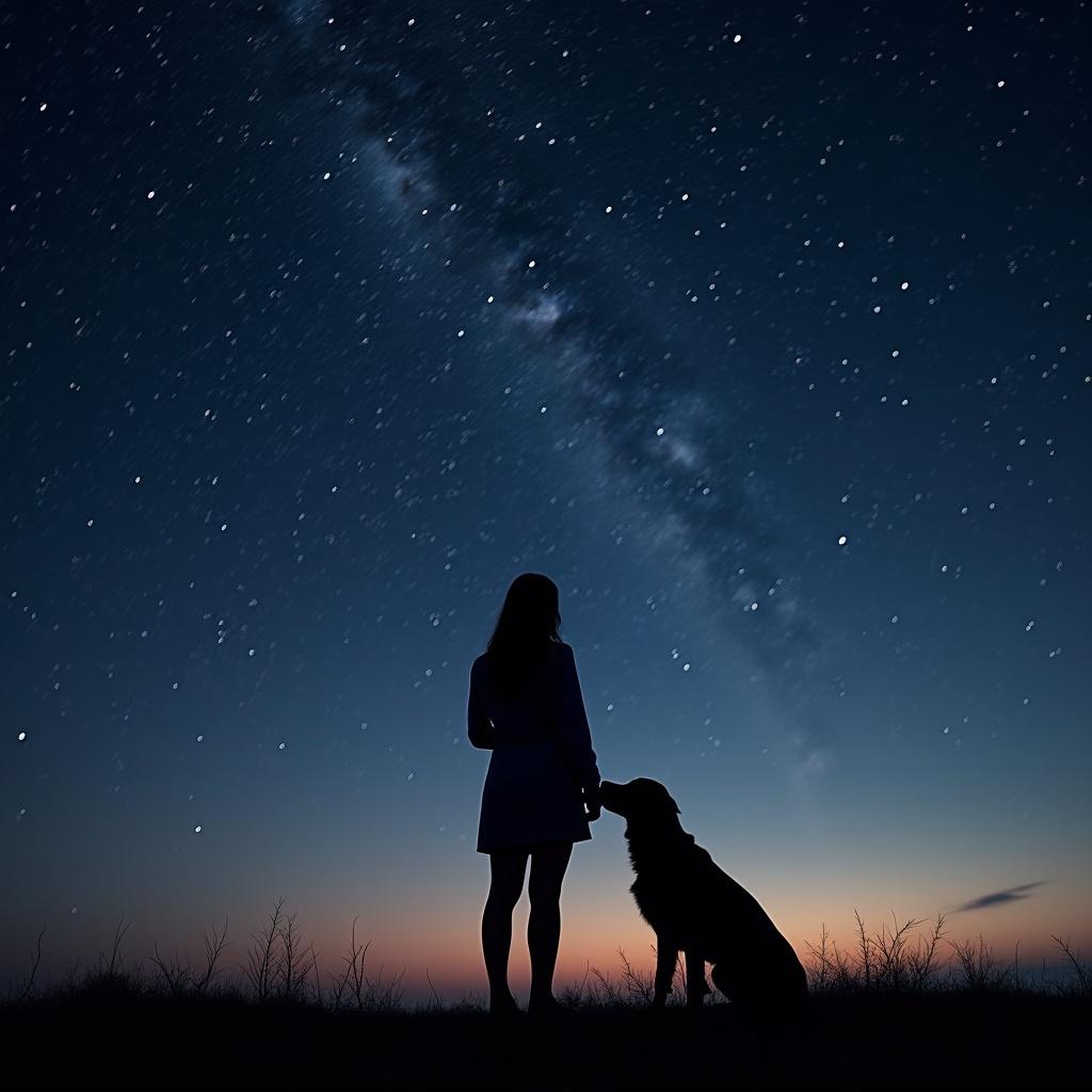 Under a vast and starry night sky, a silhouette of a woman stands beside her dog. The scene captures the mysterious beauty of the universe, evoking feelings of wonder and connection. The Milky Way stretches across the sky, highlighting the twinkling stars. The woman and dog appear to share a moment of quiet companionship. This imagery speaks to the soothing presence of nature and animal loyalty.