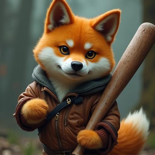 A Shiba Inu in a gritty fantasy setting. The dog is holding a baseball bat. The style is ultra realistic.