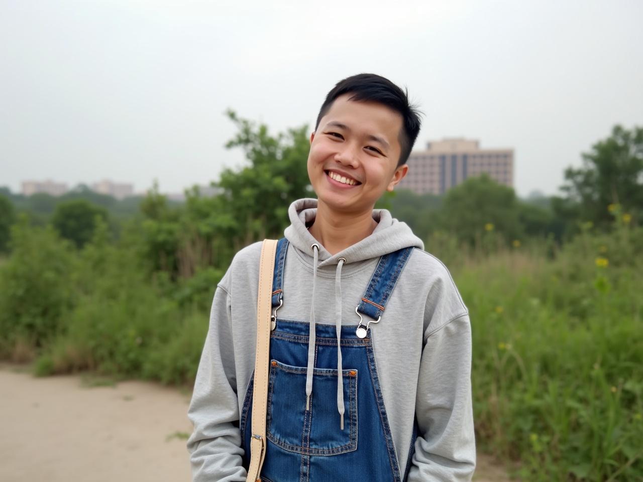 A person stands outdoors in a park, smiling at the camera. They wear a gray hoodie over a denim overall, with a light-colored strap across their shoulder. The background features blurred greenery and a building that suggests a city park. The sky is slightly overcast, lending a soft light to the scene. The person has short hair and is enjoying a casual moment in nature.