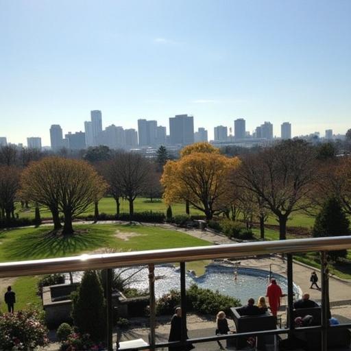 View from the balcony of the Four Seasons Hotel in Moscow. Show a skyline and lush green park environment.