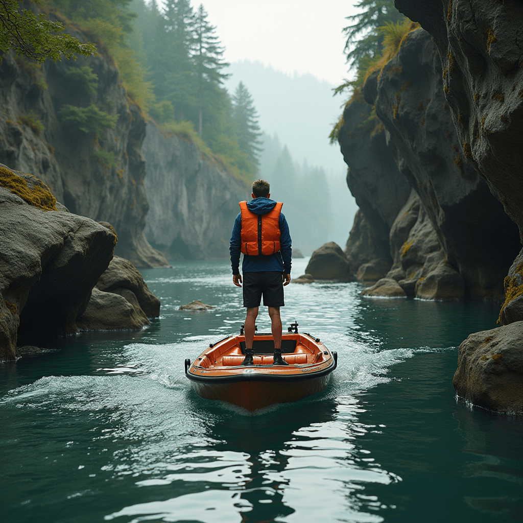 A person in an orange life vest rides a small boat through a narrow mountain river.