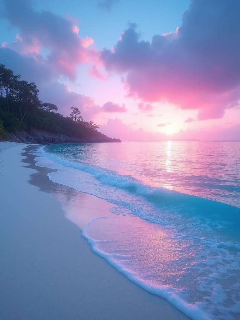 Serene beach with soft white sand and crystal-clear blue water. Sunset with deep blue and vibrant fuchsia hues in sky. Gentle waves kiss the shoreline creating a peaceful atmosphere. Scene is vivid and calming. Soft lighting enhances natural beauty. Ultra-realistic high detail image in 4K resolution.