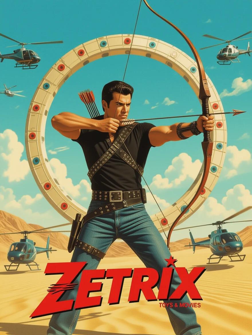 80s action movie poster design featuring a hero in black shirt and jeans. Character has slicked back hair and stands confidently with a giant bow and arrow. Background shows helicopters and a portal, creating a dynamic scene. Bright HDR style with vivid colors.