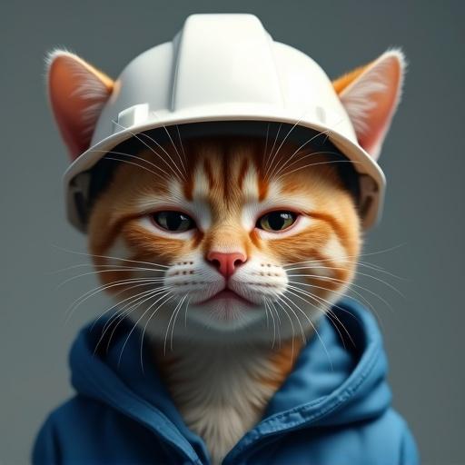 A semi-realistic cat with teary eyes wearing a white hard hat and blue work jacket. The cat has a sad expression, with tears streaming down its cheeks.