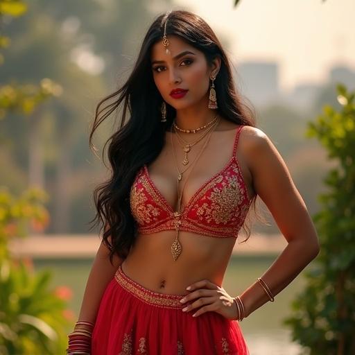 Image of an Indian-American girl wearing a cropped embroidered blouse and high-waisted skirt. She has long wavy hair, bold makeup with smoky eyes and deep red lips. Her pose is confident. The background features a lush garden and a cityscape.