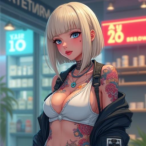 Anime scene featuring an attractive woman in futuristic heavy metal streetwear. The character has large tattoos, blue eyes, and blonde hair styled in a blunt bob. She embodies a mix of Japanese and Saiyan heritage. The setting is a luxurious pet shop with colorful elements. Bright morning light illuminates her striking profile.