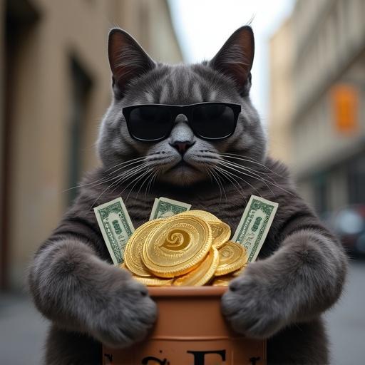 Meme coin cartoon theme with a grey cat featuring a serious expression. Cat wears dark shades and holds a pot filled with gold coins and dollar notes. Urban setting seen in background.
