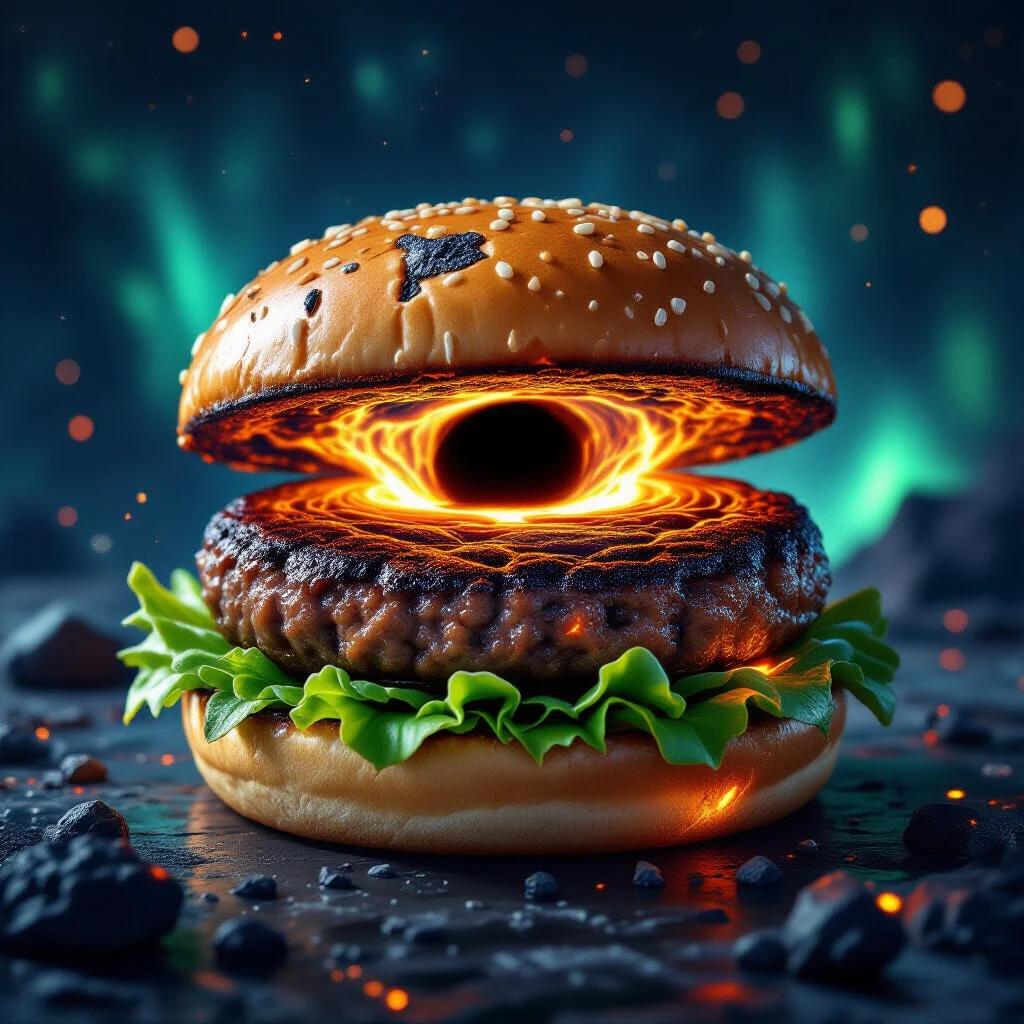Futuristic burger features a patty as a swirling miniature black hole. Buns are rugged meteorite rock with glowing embers. Lettuce resembles vibrant, aurora-like plasma. Rendered in photorealistic space concept art style.