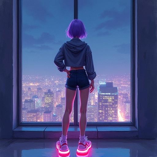 Watercolor painting of a young woman with short violet hair in a crop cargo jacket and sport shorts. She has a slim muscular body and wears high platform sneakers with glowing LED stripes and knee socks. The woman stands with her legs crossed, flexing her muscles in front of a large window displaying a night city view. The scene is lit with dim, cinematic light. The style is reminiscent of Yuumei.