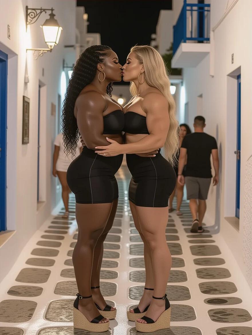 Two muscular women stand together. One is tall and black with curly hair. The other is tall and white with wavy blonde hair. Both wear black strapless dresses. They are in Mykonos at night. The background shows blue and white architecture. They are about to kiss.