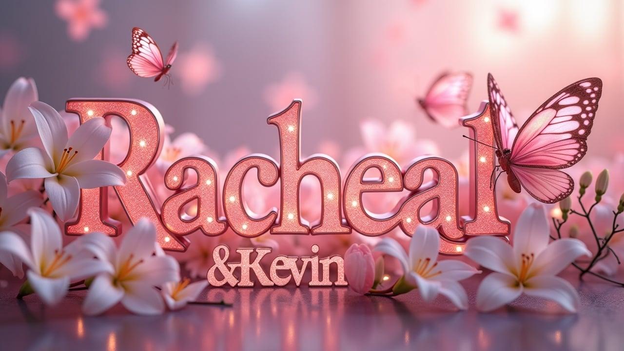 Pink butterflies and white lilies surround the name Racheal & Kevin. The name appears in a large, beautiful, glowing metallic font with a subtle reflection effect.