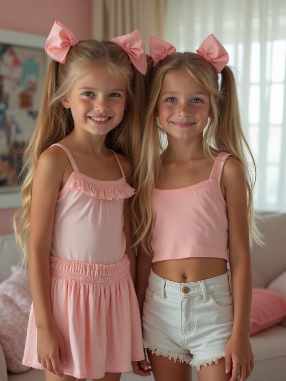 Two girls at a birthday party. They are young and beautiful. Both have long blonde hair in twin tails. They wear pink outfits with bows in their hair. The setting is a living room. They are standing and smiling.