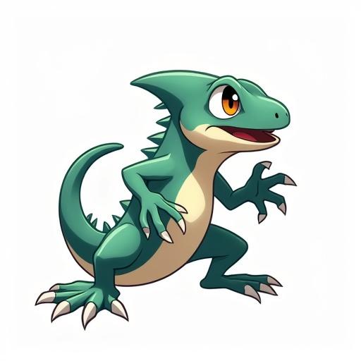 2D minimalistic chameleon in an attack pose styled like a Pokémon. Bold outlines and maximum two colors for design. Clean design with dynamic energy, sharp angles, and expressive eyes with a big head. No shading, flat colors. White or transparent background.